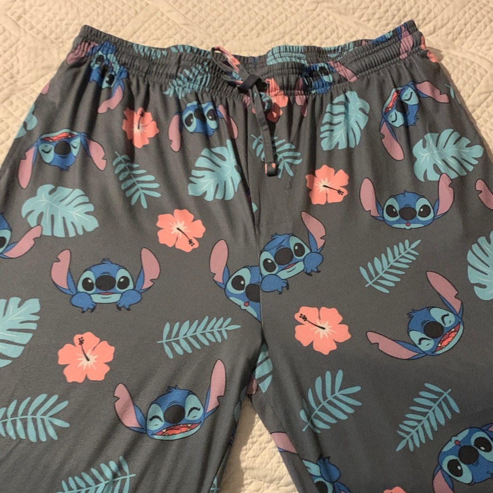 Disney Stitch Gray and Blue Tropical Print pajama bottoms